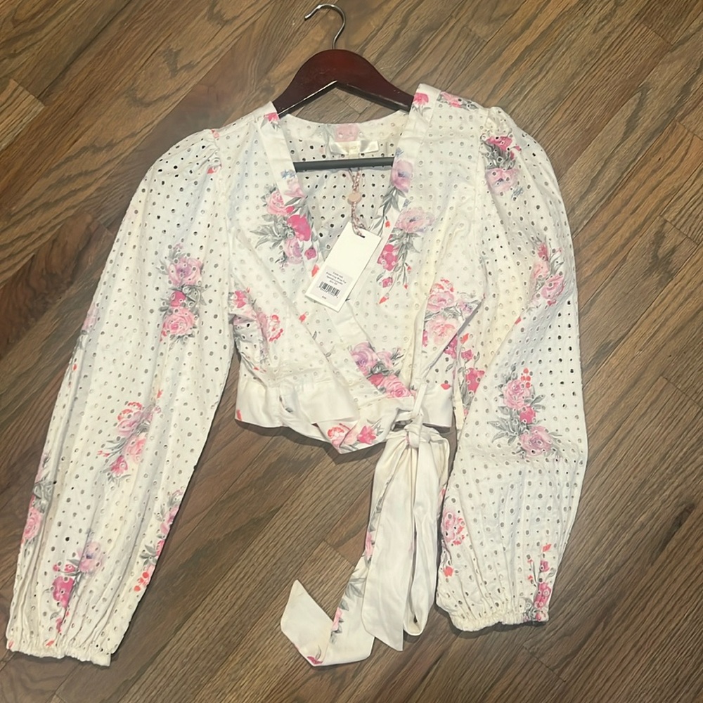 Loveshack Fancy Kinda Crop Wrap Top, Spanish Lavendar, in XS.